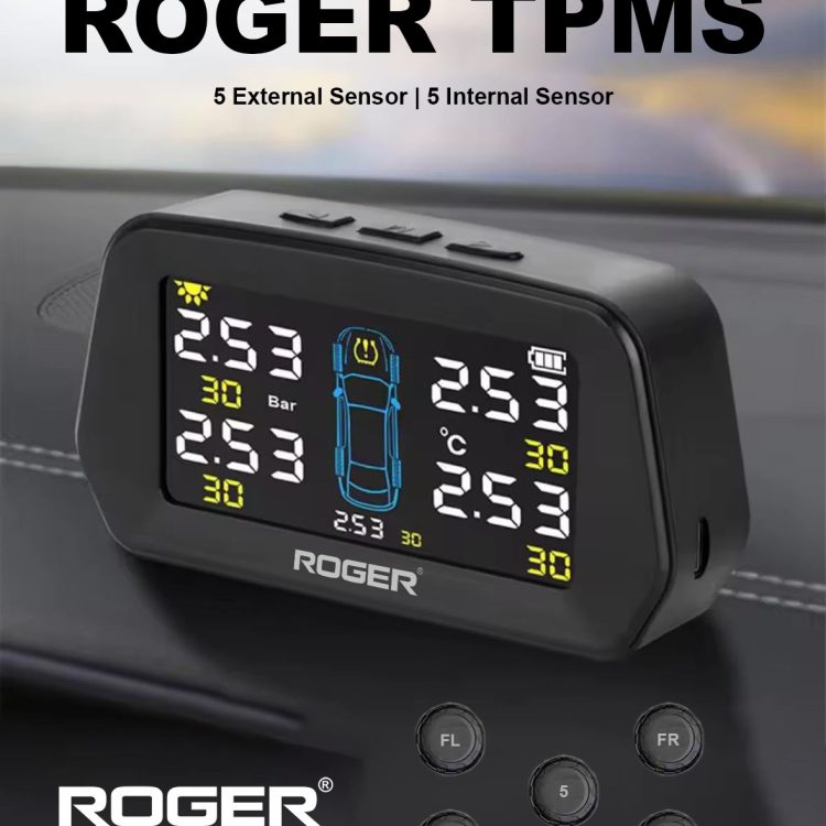 ROGER External TPMS – 5 Tire Sensors for Cars | Wireless Solar & USB Charging | LCD Color Display & 5 Alarm Modes